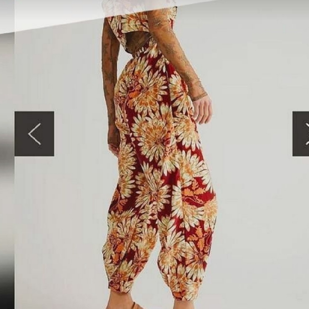 Free People Shasta Print Corduroy Shortsleeve Jumpsuit Floral Back Out Wide Leg